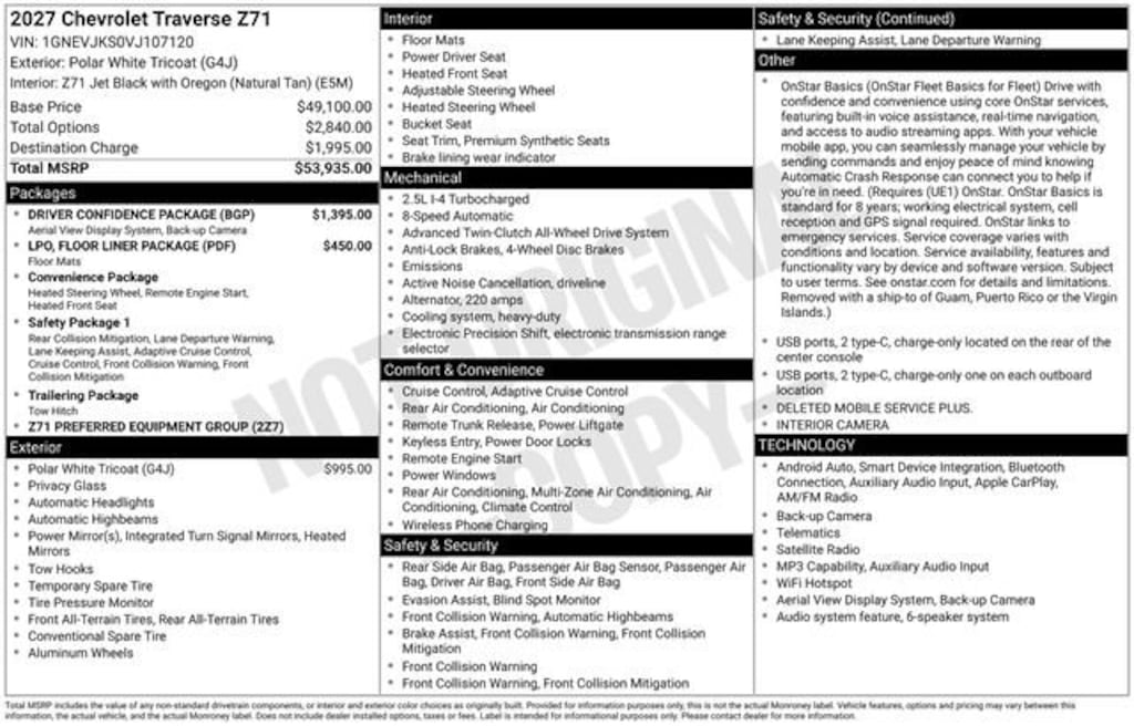 New 2027 Chevrolet Traverse Z71 SUV