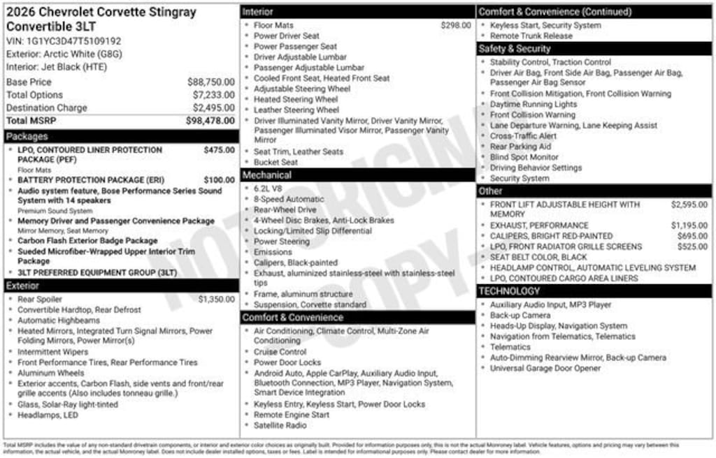 New 2026 Chevrolet Corvette Stingray 3LT Convertible
