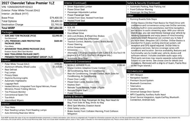 New 2027 Chevrolet Tahoe Premier SUV