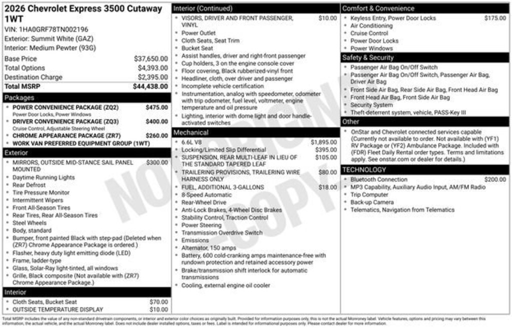 New 2026 Chevrolet Express Cutaway 3500 1WT Cutaway Van