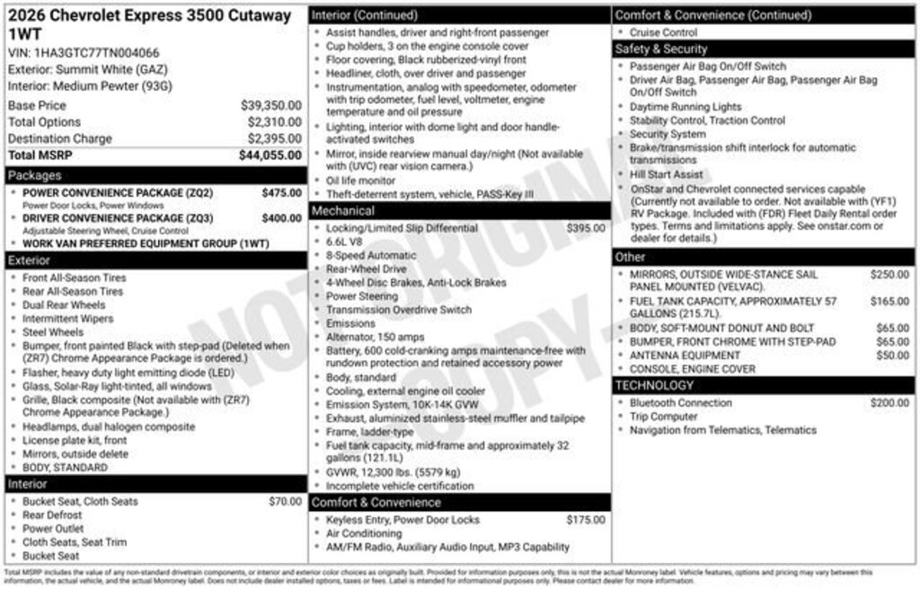 New 2026 Chevrolet Express Cutaway 3500 1WT Cutaway Van