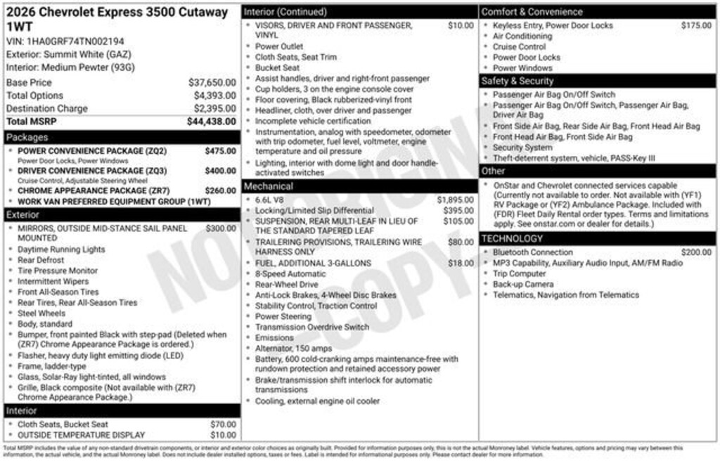 New 2026 Chevrolet Express Cutaway 3500 1WT Cutaway Van