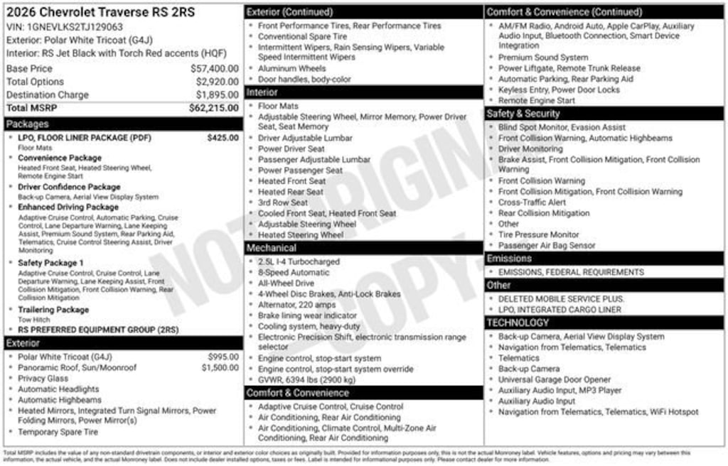 New 2026 Chevrolet Traverse RS SUV