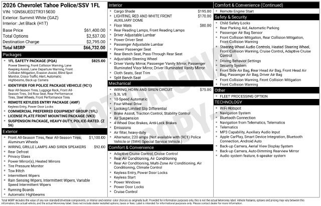 New 2026 Chevrolet Tahoe Police Package Commercial SUV