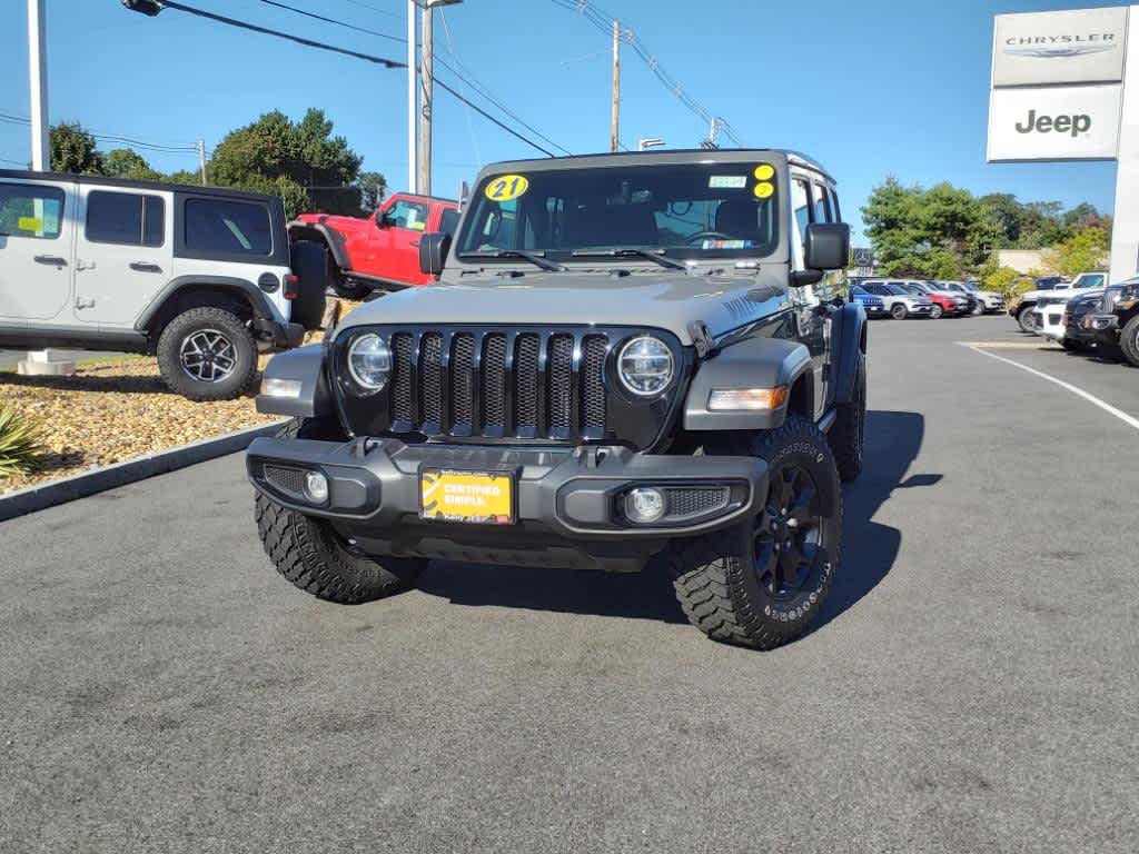 Certified 2021 Jeep Wrangler Unlimited Willys with VIN 1C4HJXDGXMW631714 for sale in Lynnfield, MA