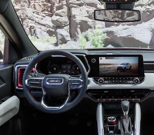 Interior shot of a 2023 GMC Canyon cockpit.