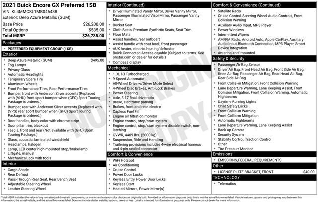 Certified 2021 Buick Encore GX Preferred with VIN KL4MMCSL1MB046438 for sale in Sandusky, OH