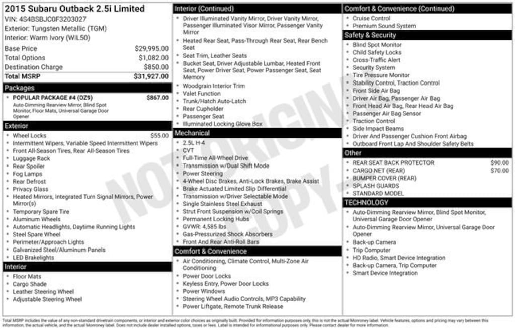 Used 2015 Subaru Outback 2.5i Limited w/Moonroof/KeylessAccess/Nav/EyeSight SUV