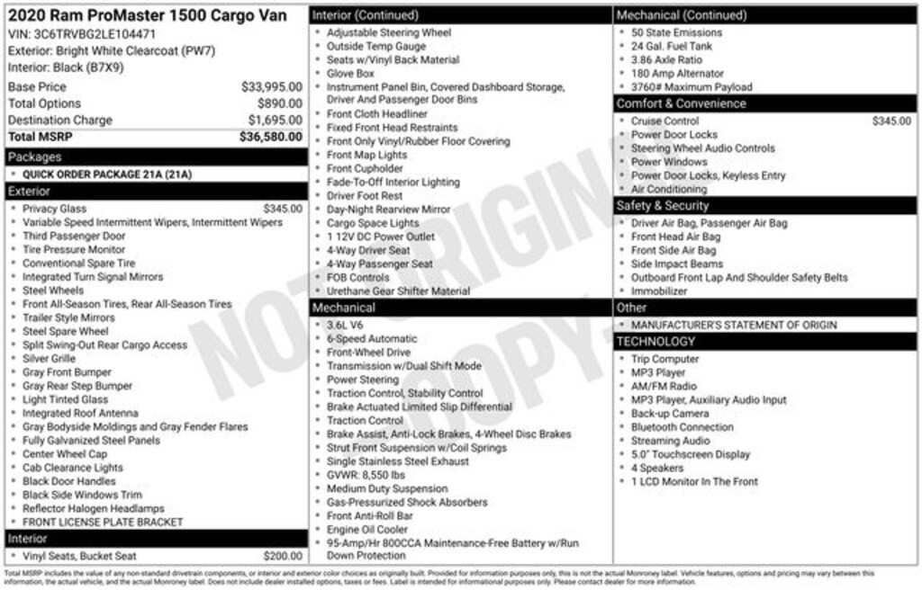 Used 2020 Ram ProMaster 1500 Base Van Cargo Van