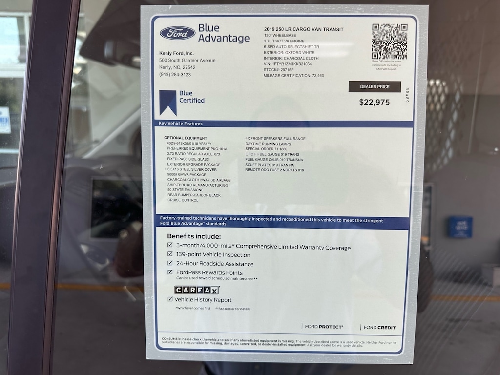 Certified 2019 Ford Transit 130 WB Low Roof Cargo 250 SWB Low Roof Cargo Van w/60/40 Passenger Side