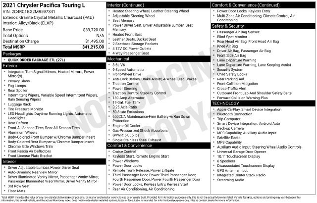 Used 2021 Chrysler Pacifica Touring L Van Passenger Van