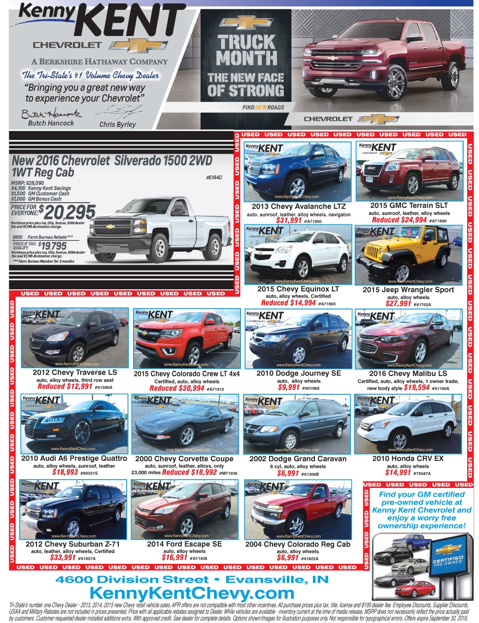 Used Newspaper Ad For Kenny Kent Chevrolet In Evansville