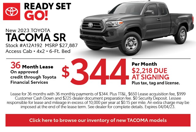 36 month lease. New 2023 Tacoma SR $344 per month and $2218 due at signing