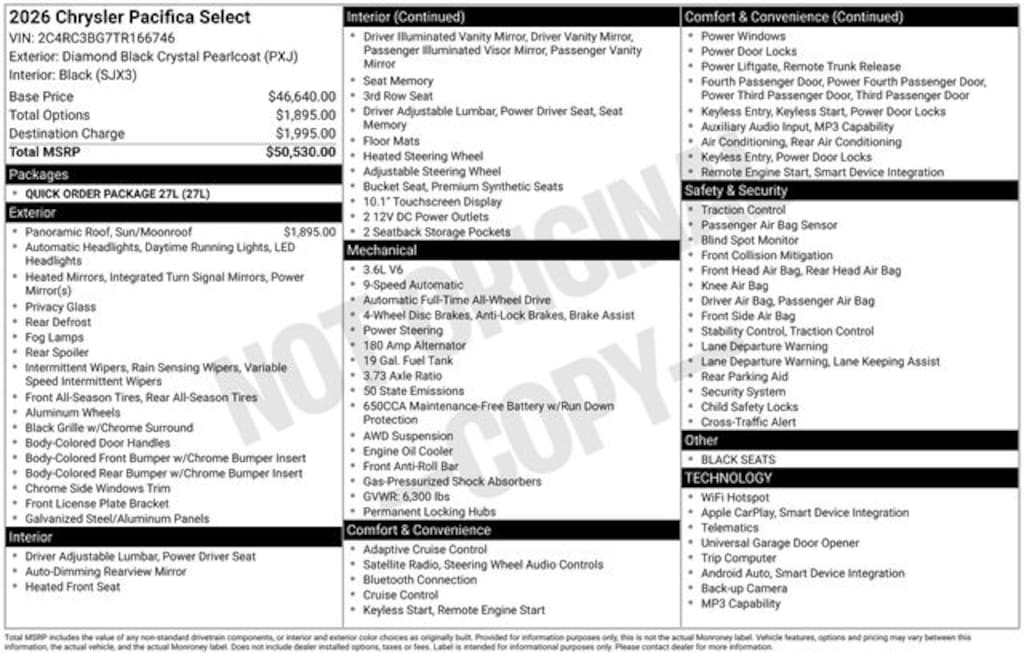 New 2026 Chrysler Pacifica Select Passenger Van