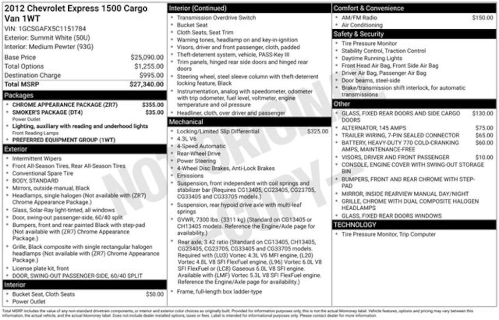 Used 2012 Chevrolet Express 1500 Work Van Van Cargo Van