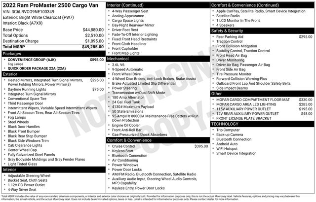 2022 Ram ProMaster 2500 Van Cargo Van 