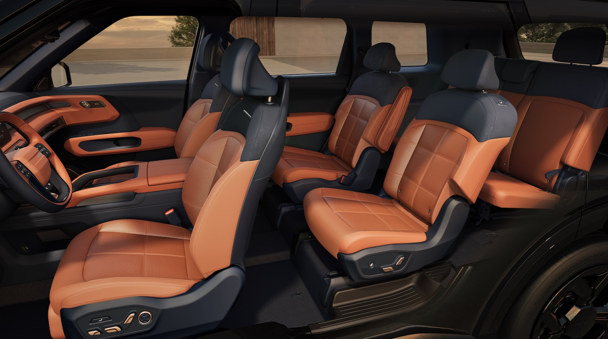 7 passenger seating configuration and 2nd-row captain’s chairs shown on the SX Prestige pre-production model in Deep Navy and Tuscan Umber SynTex and SynTex suede seat trim.<sup>3</sup>