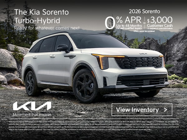 2026 Kia Sorento Turbo-Hybrid national offer — 0% APR for up to 48 months, or $3,000 Customer Cash, at Serramonte Kia. Offer ends 8/31/26.