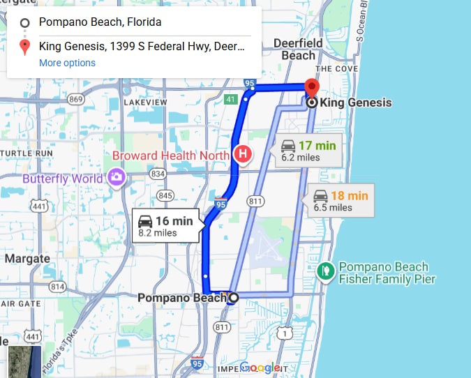 Map showing route from Pompano Beach Pier to King Genesis in Deerfield Beach