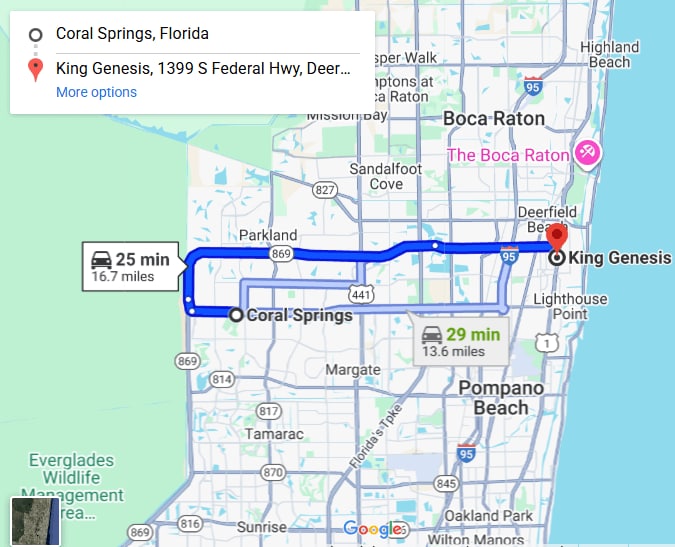 Map showing route from Coral Springs to King Genesis in Deerfield Beach