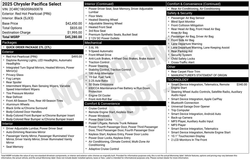 Used 2025 Chrysler Pacifica Select Van Passenger Van