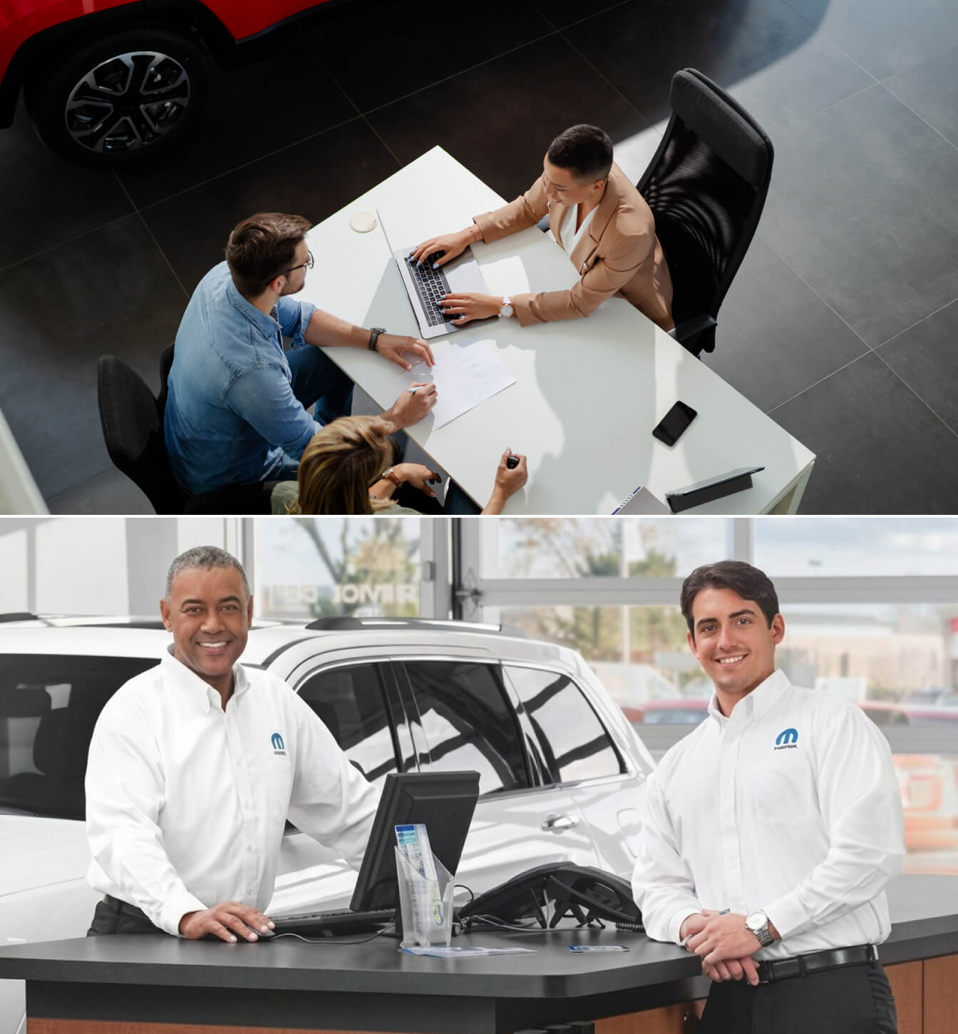 Couple signing vehicle paperwork at a white desk with a professional sales consultant in a showroom. Two smiling service advisors in Mopar shirts standing behind a service counter in a dealership bay.