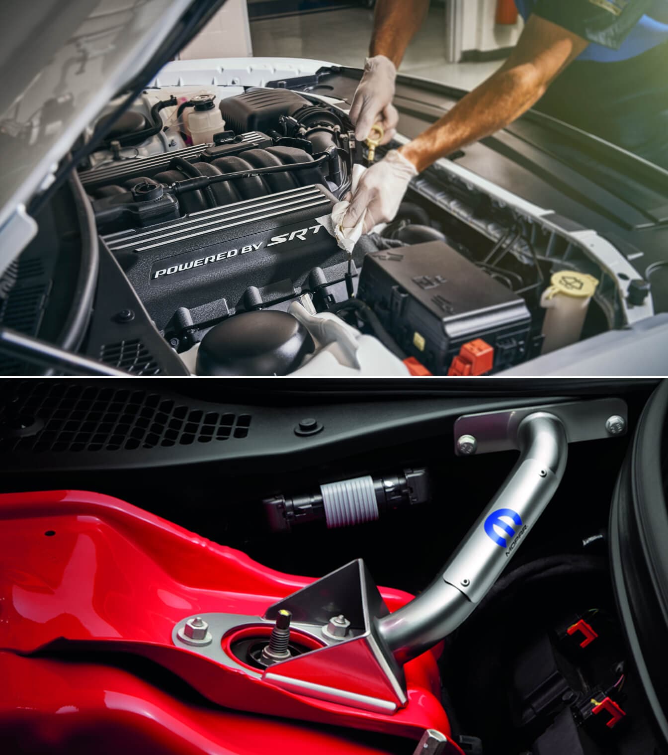 Close-up view of a Dodge Charger Scat Pack engine with a mechanic checking the oil dipstick in a service bay. Close-up view of a Dodge Challenger R/T Scat Pack engine showcasing a silver Mopar strut tower brace.