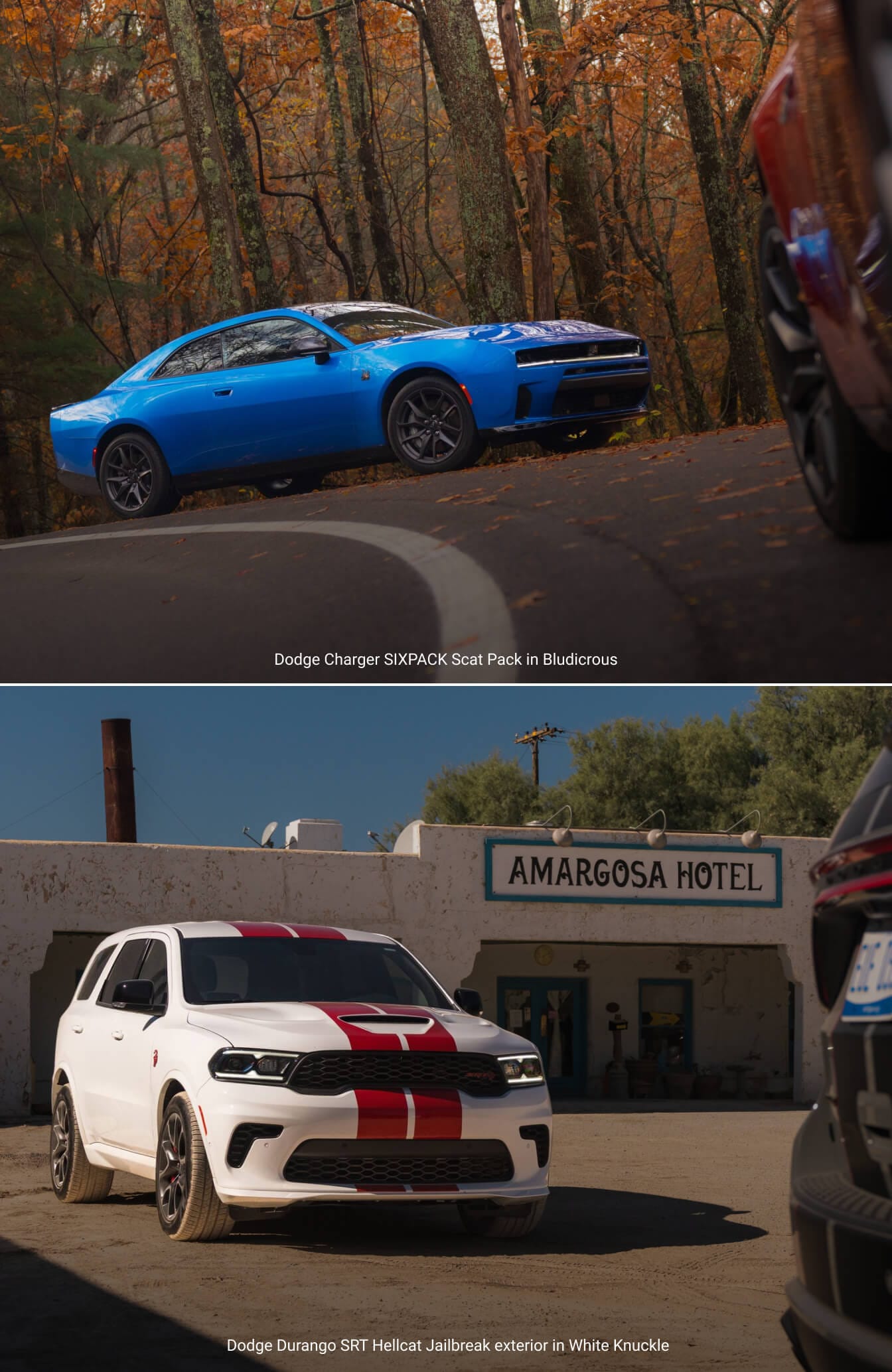 Low-angle view of a Dodge Charger SIXPACK Scat Pack in Bludicrous navigating a curved asphalt road. Three-quarter front view of a Dodge Durango SRT Hellcat Jailbreak in White Knuckle parked in a desert lot.