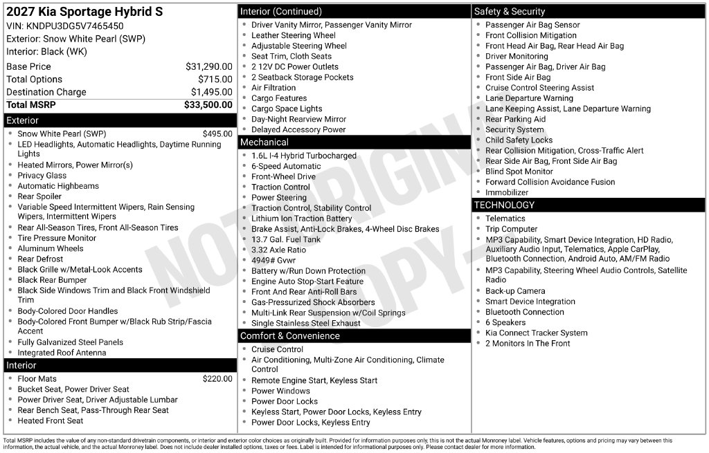 New 2027 Kia Sportage Hybrid S SUV