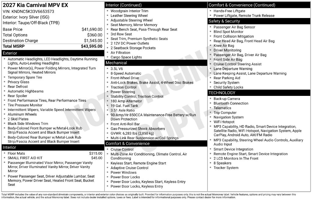 New 2027 Kia Carnival EX Minivan/Van