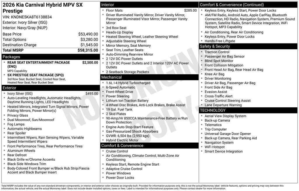 New 2026 Kia Carnival Hybrid SX Prestige Minivan/Van