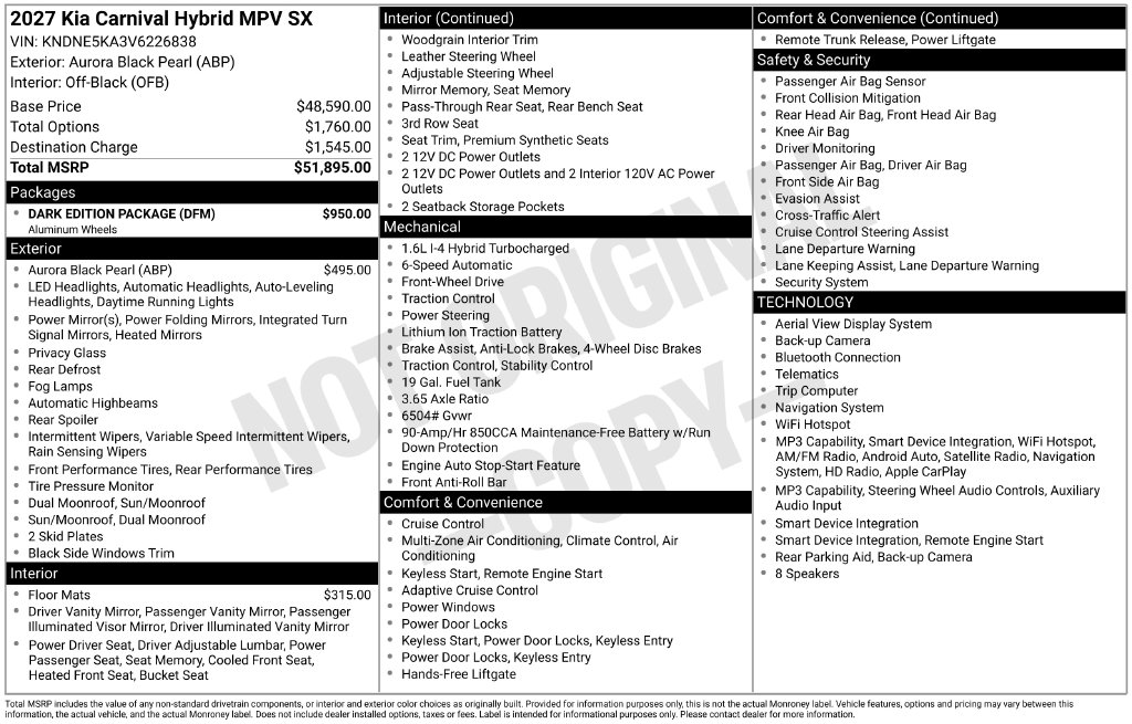 New 2027 Kia Carnival Hybrid SX Minivan/Van
