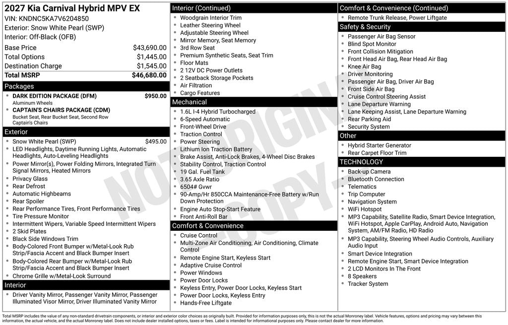 New 2027 Kia Carnival Hybrid EX Minivan/Van