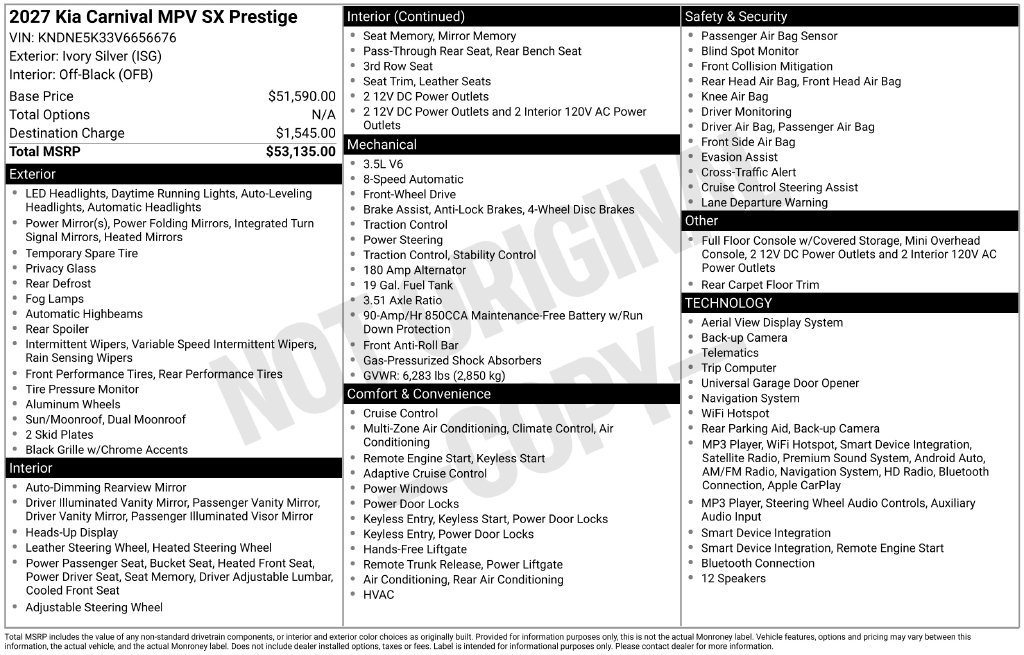 New 2027 Kia Carnival SX Prestige Minivan/Van