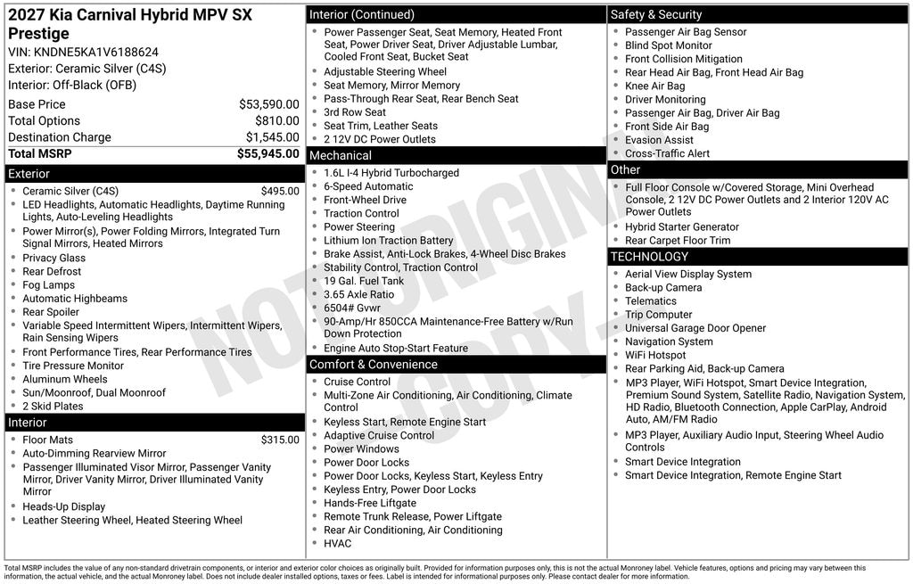 New 2027 Kia Carnival Hybrid SX Prestige Minivan/Van