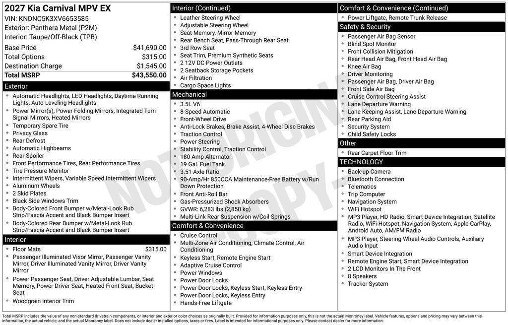 New 2027 Kia Carnival EX Minivan/Van