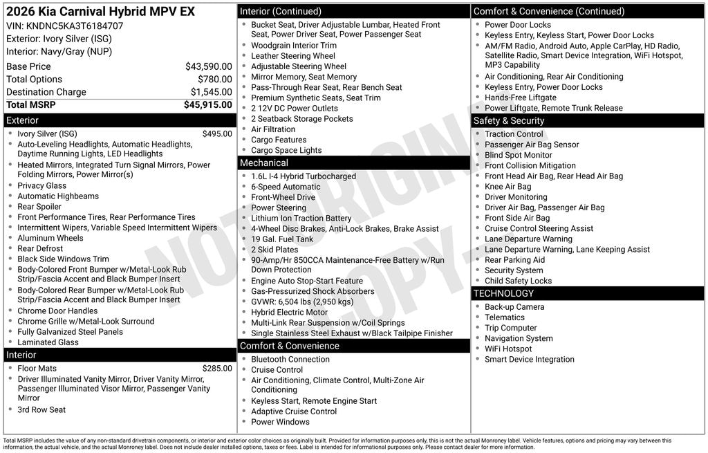 New 2026 Kia Carnival Hybrid EX Minivan/Van