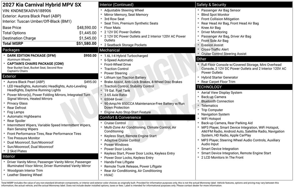 New 2027 Kia Carnival Hybrid SX Minivan/Van