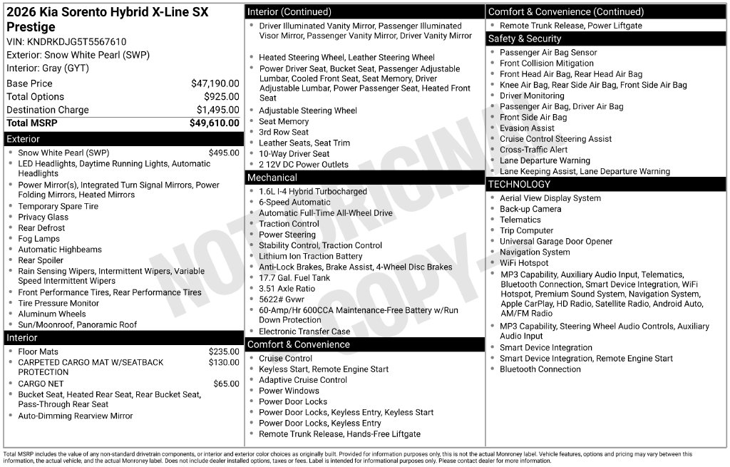 New 2026 Kia Sorento Hybrid X-Line SX Prestige SUV