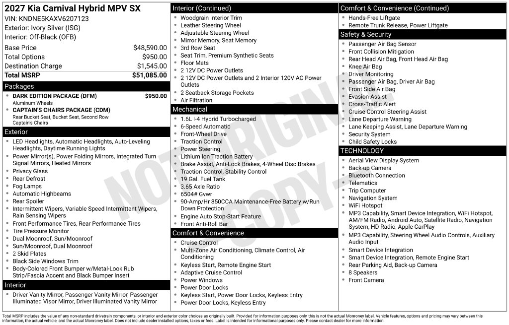 New 2027 Kia Carnival Hybrid SX Minivan/Van