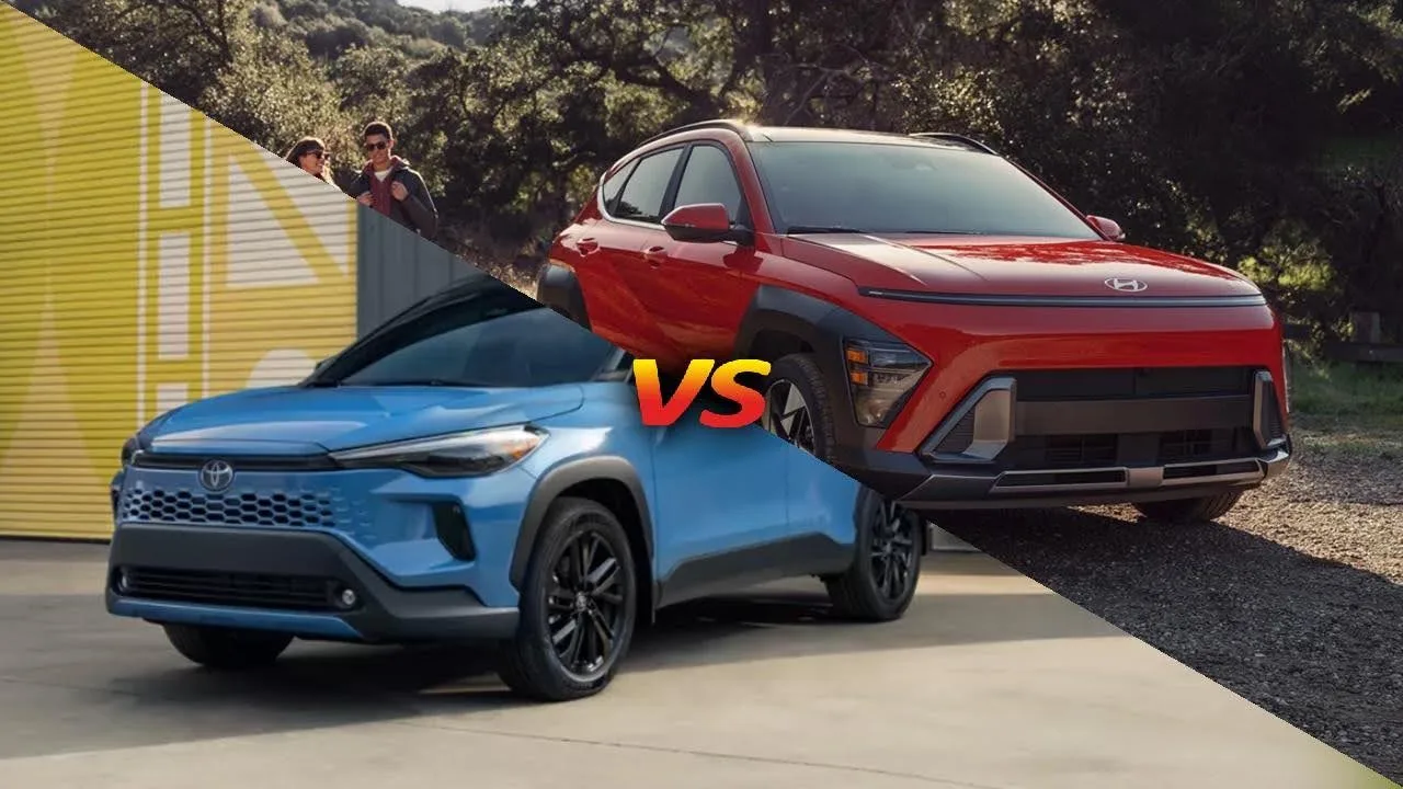 2026 Hyundai Kona (red, right) vs 2026 Toyota Corolla Cross (blue, left)