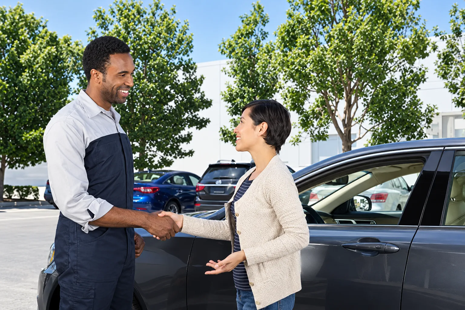 Sealing a trade-in deal with a handshake at Koeppel Hyundai