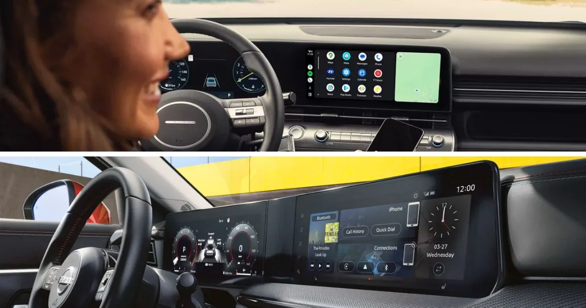 Both the 2026 Kona and 2026 Kicks feature standard 12.3-inch touchscreens with wireless Apple CarPlay and Android Auto