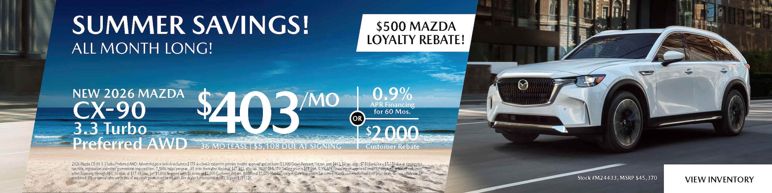 Summer Savings on the 2026 Mazda CX-90 3.3 Turbo Preferred AWD at Koeppel Mazda