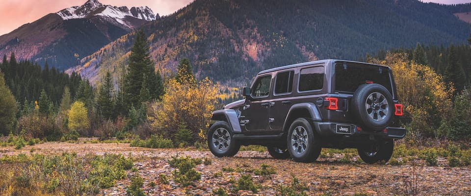 Jeep Wrangler A Jeep Wrangler parked in front of mountains