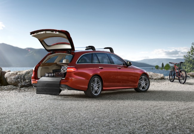 The Mercedes-Benz E 400 4Matic with hatchback open revealing cargo space