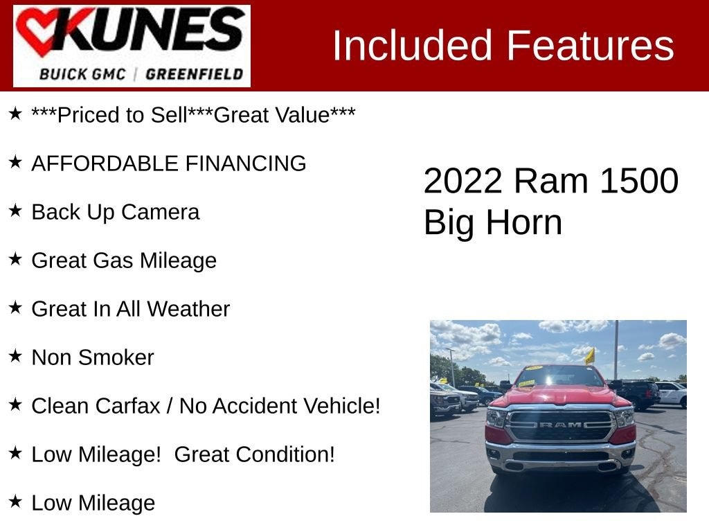 Used 2022 RAM Ram 1500 Pickup Big Horn/Lone Star with VIN 1C6RRFBG1NN278806 for sale in Greenfield, WI