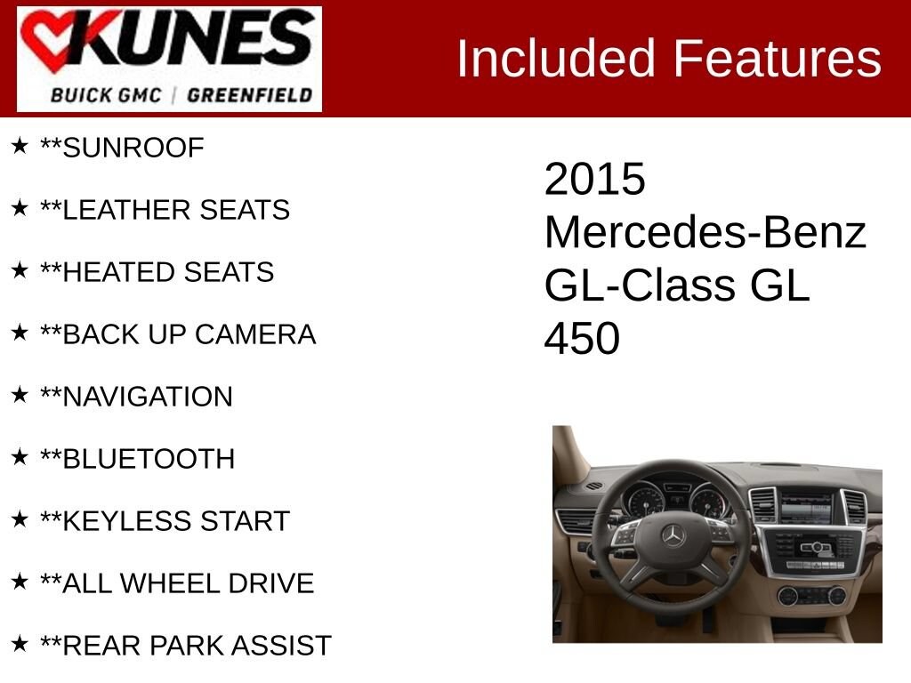 Used 2015 Mercedes-Benz GL-Class GL450 with VIN 4JGDF6EE7FA558501 for sale in Greenfield, WI