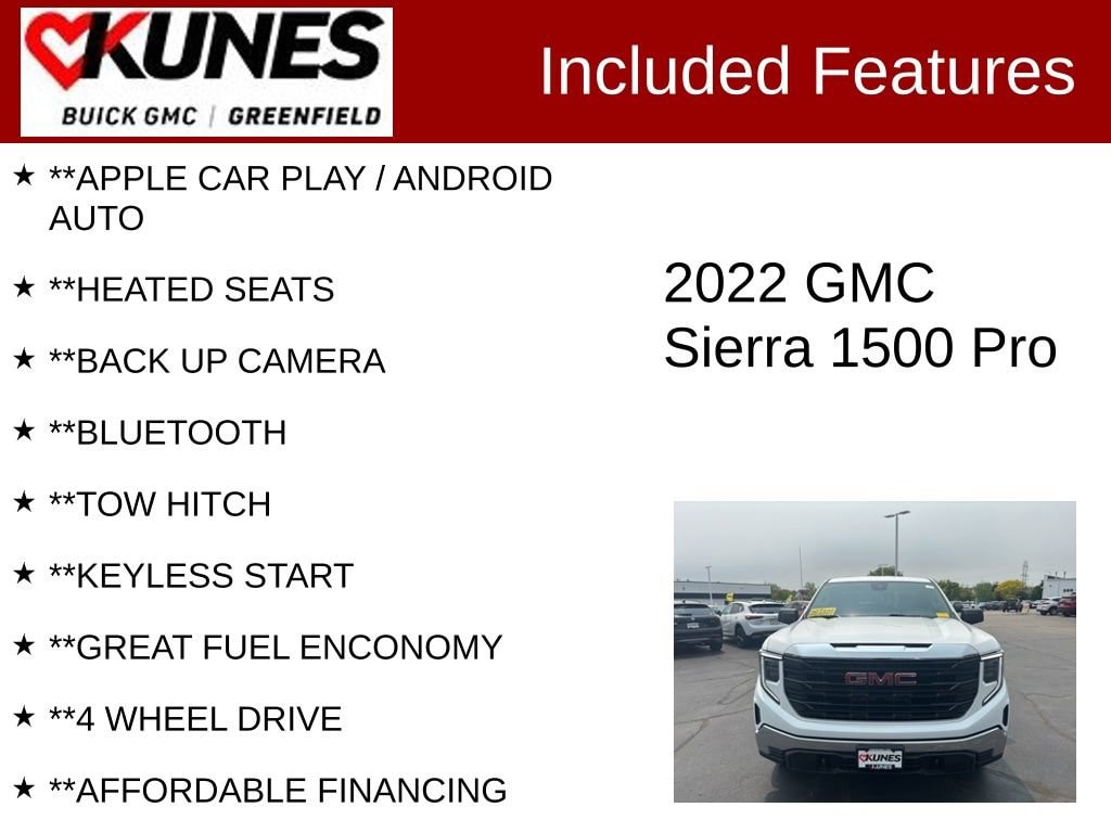 Used 2022 GMC Sierra 1500 Pro with VIN 1GTRUAEK6NZ543917 for sale in Greenfield, WI