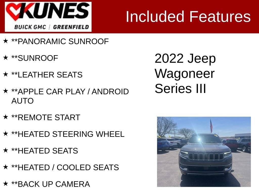 Used 2022 Jeep Wagoneer Series III with VIN 1C4SJVDT0NS107276 for sale in Greenfield, WI